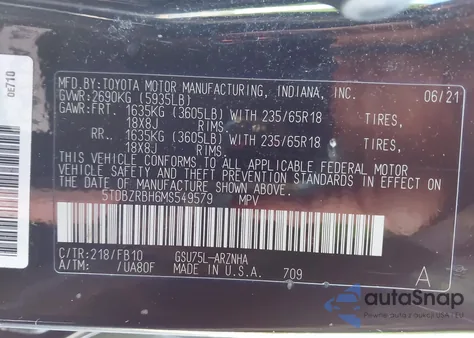 2021 Toyota Highlander Le from USA, damaged, VIN 5TDBZRBH6MS549579